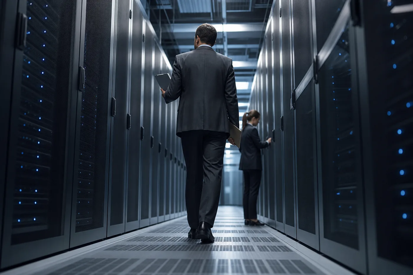 Auditor walking a data center aisle reviewing servers for an IT security audit