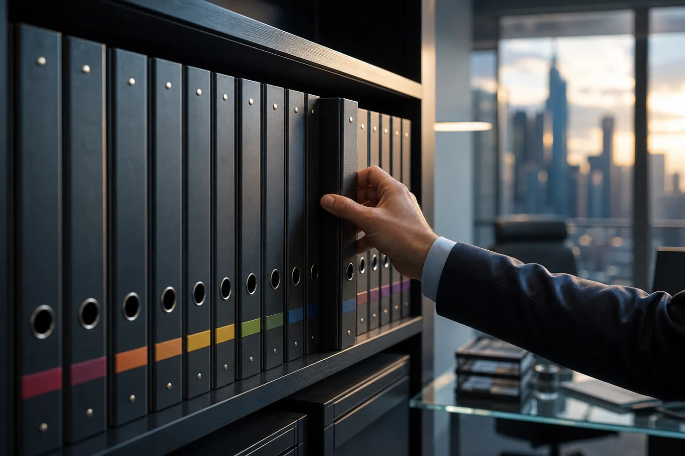 Auditor pulling one of eighteen control-family binders from a compliance shelf
