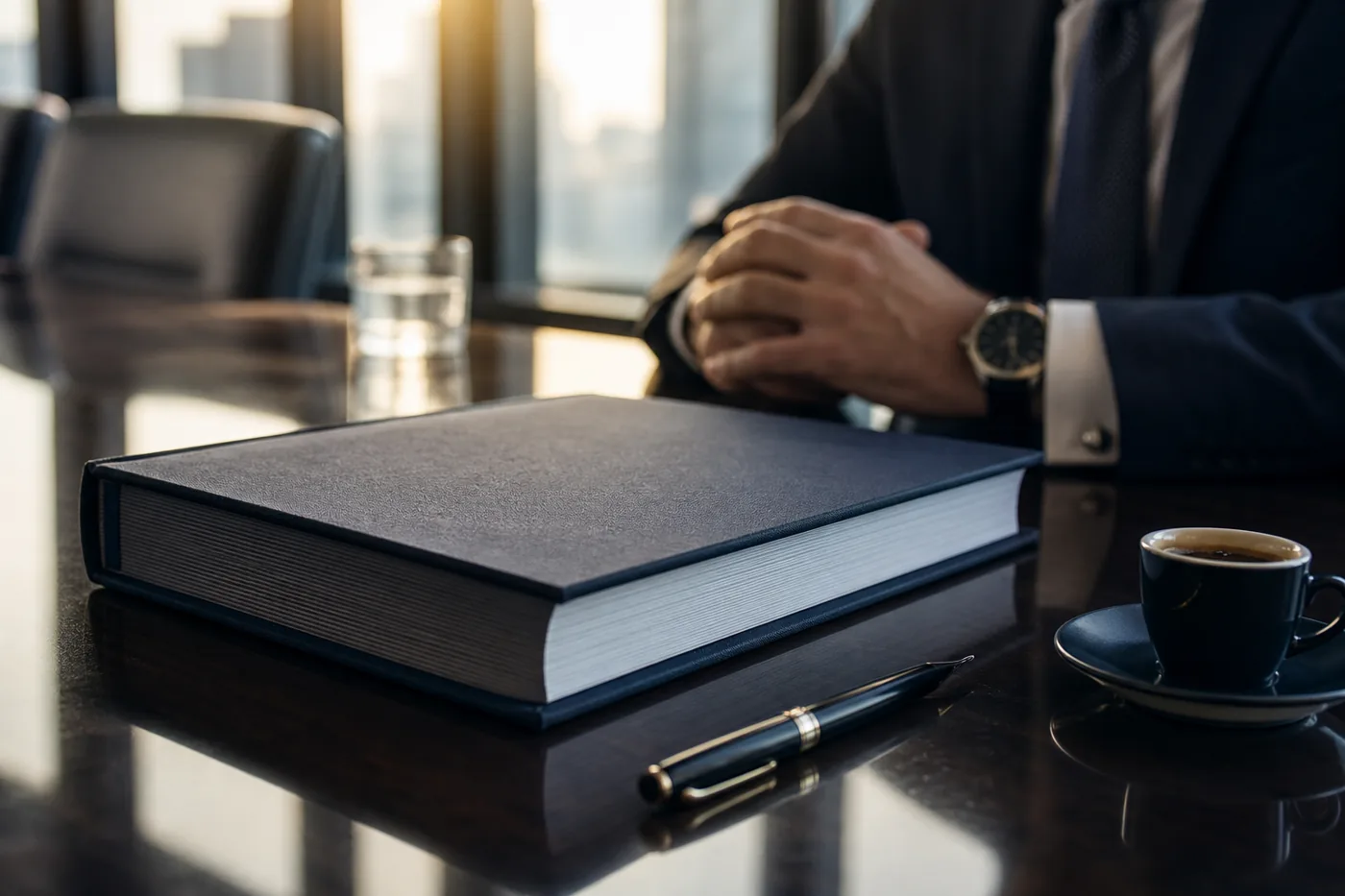 Bound security audit report delivered on a boardroom table with pen