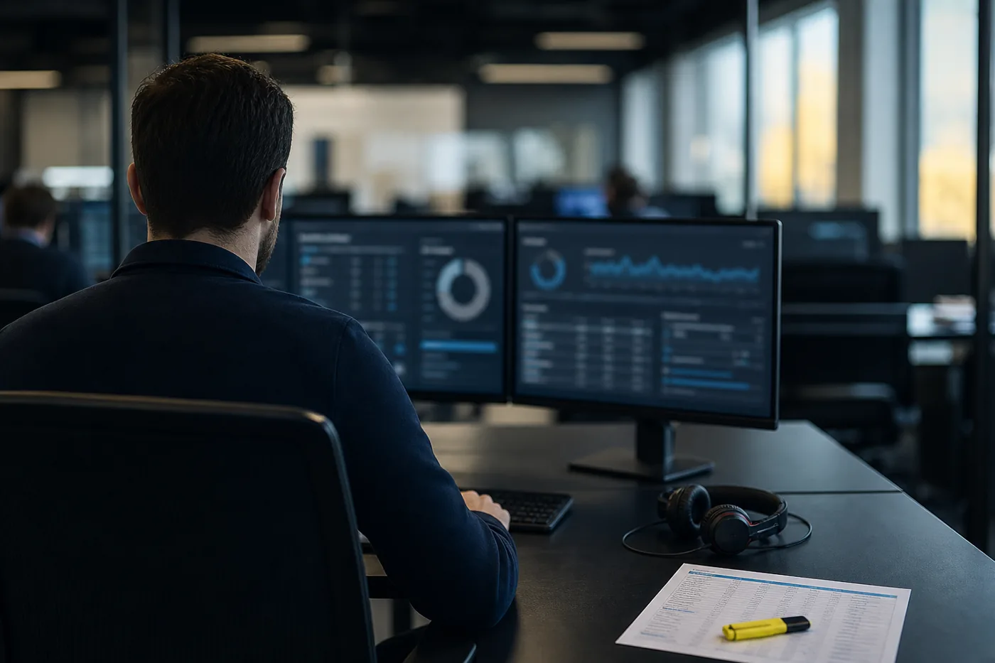 Analyst running vulnerability scans against a printed asset inventory