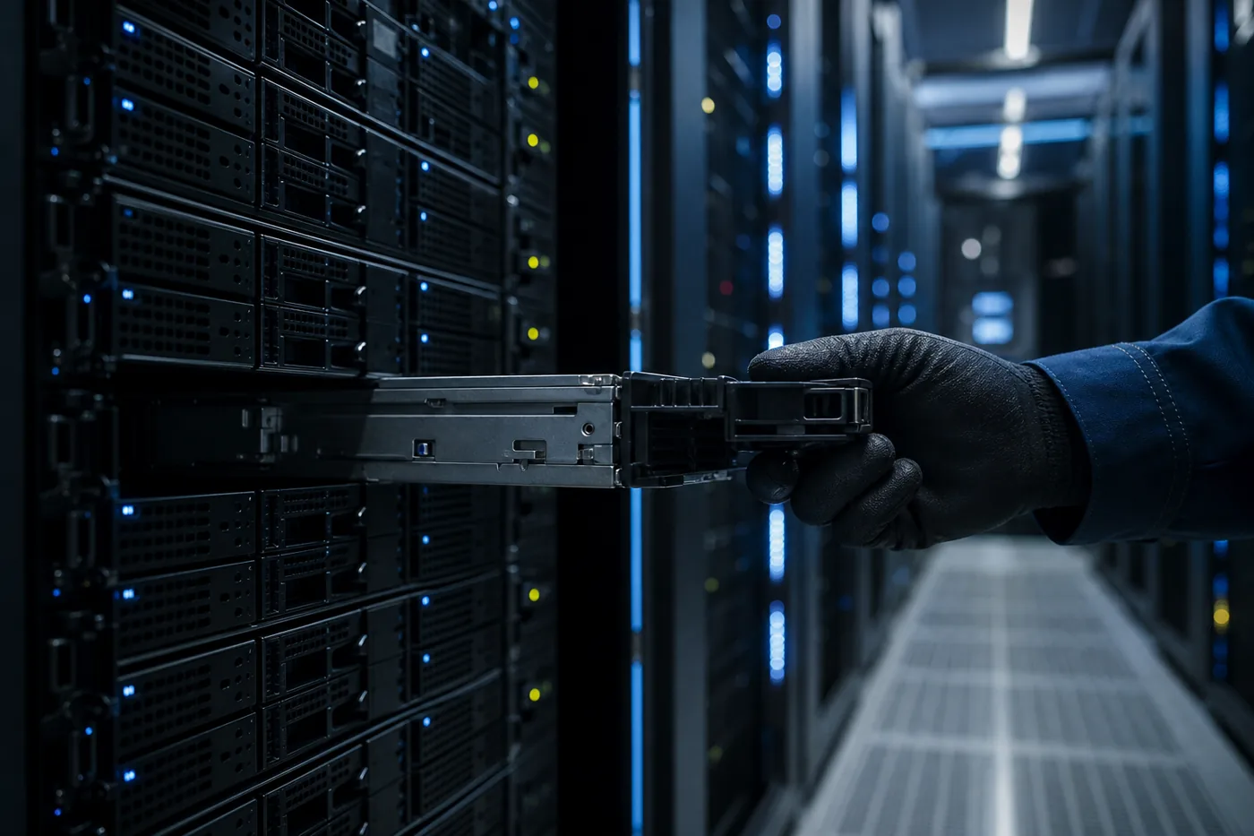 Technician handling a backup storage drive tray at a disaster recovery site