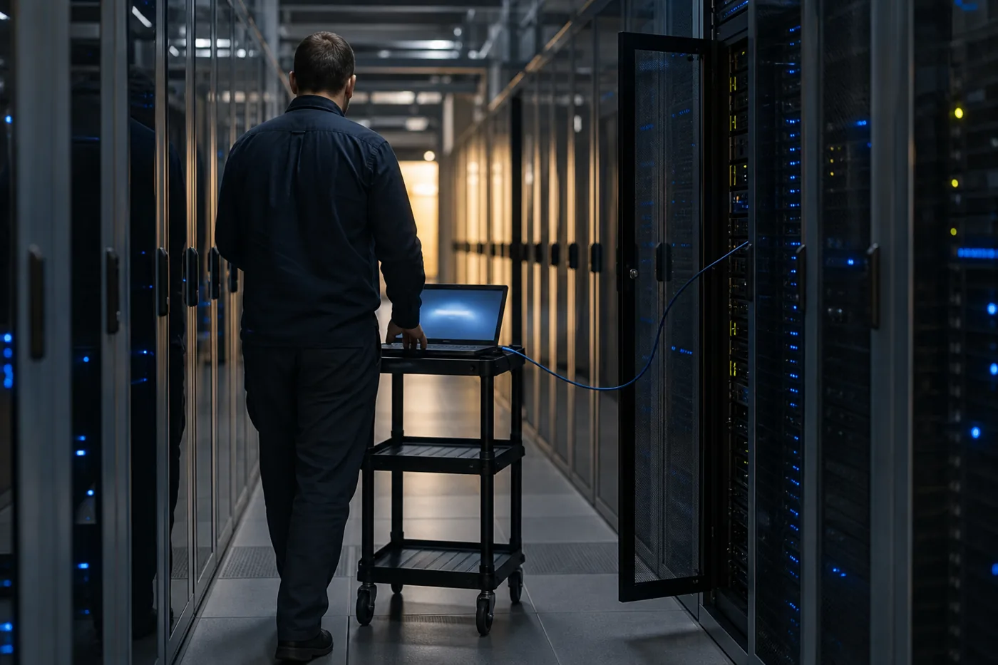 Administrator patching servers from a laptop cart in a server aisle