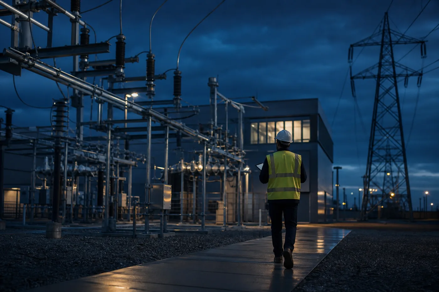 Engineer inspecting an electrical substation, an essential entity under NIS2