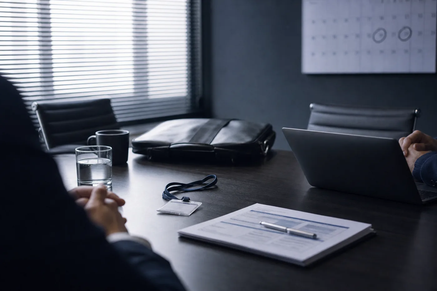 Visitor badge and laptop bag on a small business meeting table