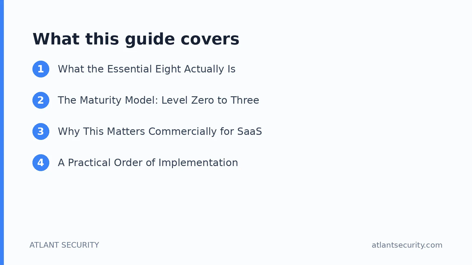 What this guide covers: What the Essential Eight Actually Is, The Maturity Model: Level Zero to Three, Why This Matters Commercially f