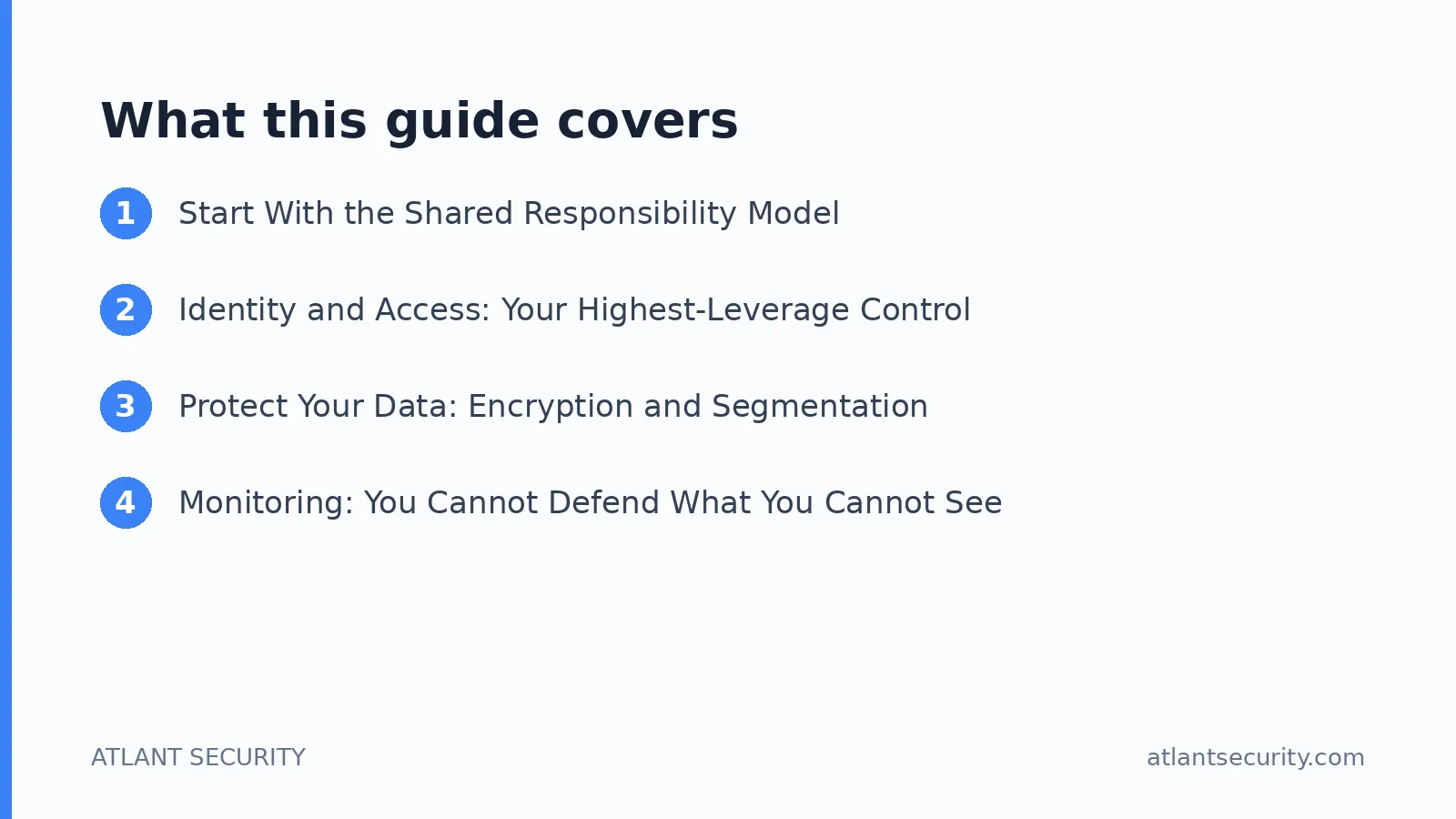 What this guide covers: Start With the Shared Responsibility Model, Identity and Access: Your Highest-Leverage Control, Protect Your D