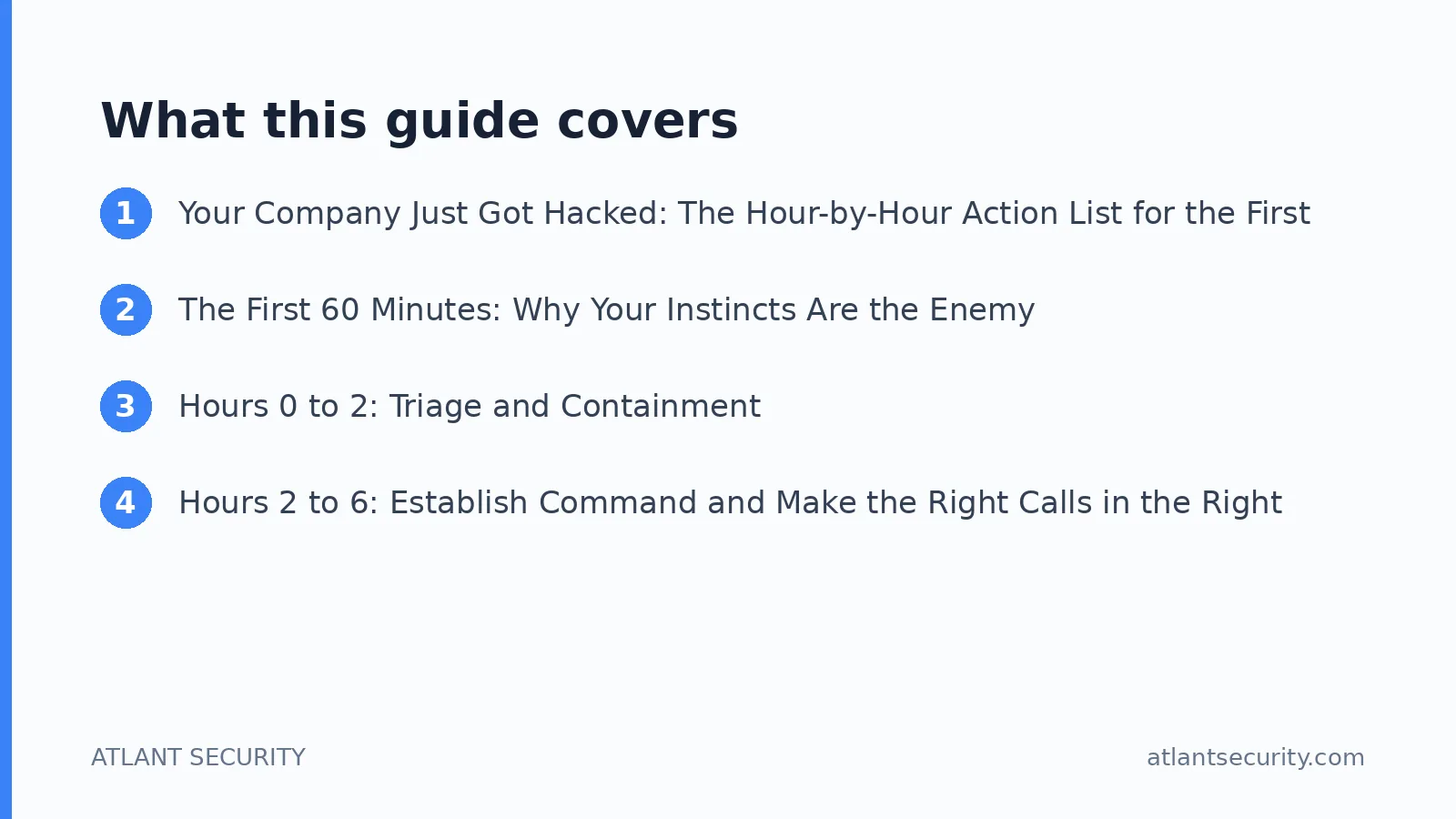 What this guide covers: Your Company Just Got Hacked: The Hour-by-Hour Action List for the First 24 Hours, The First 60 Minutes: Why Y