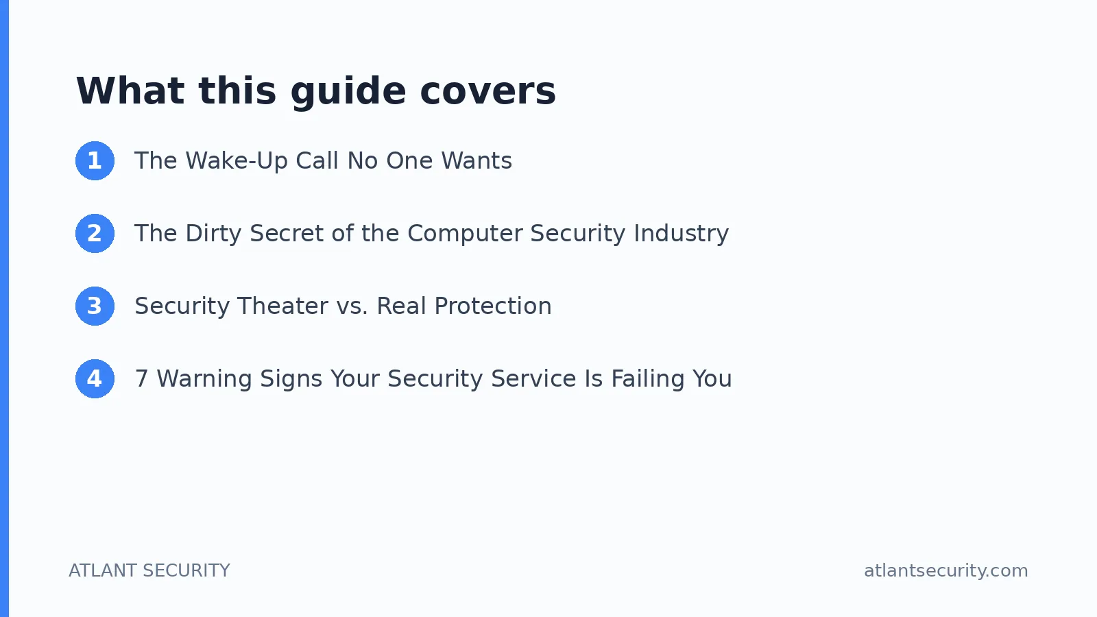 What this guide covers: The Wake-Up Call No One Wants, The Dirty Secret of the Computer Security Industry, Security Theater vs. Real P