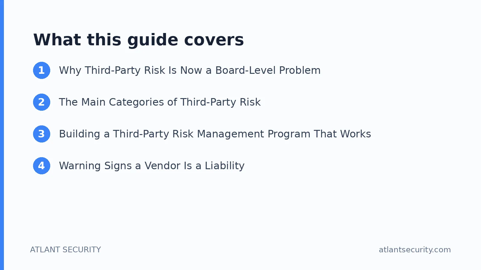 What this guide covers: Why Third-Party Risk Is Now a Board-Level Problem, The Main Categories of Third-Party Risk, Building a Third-P
