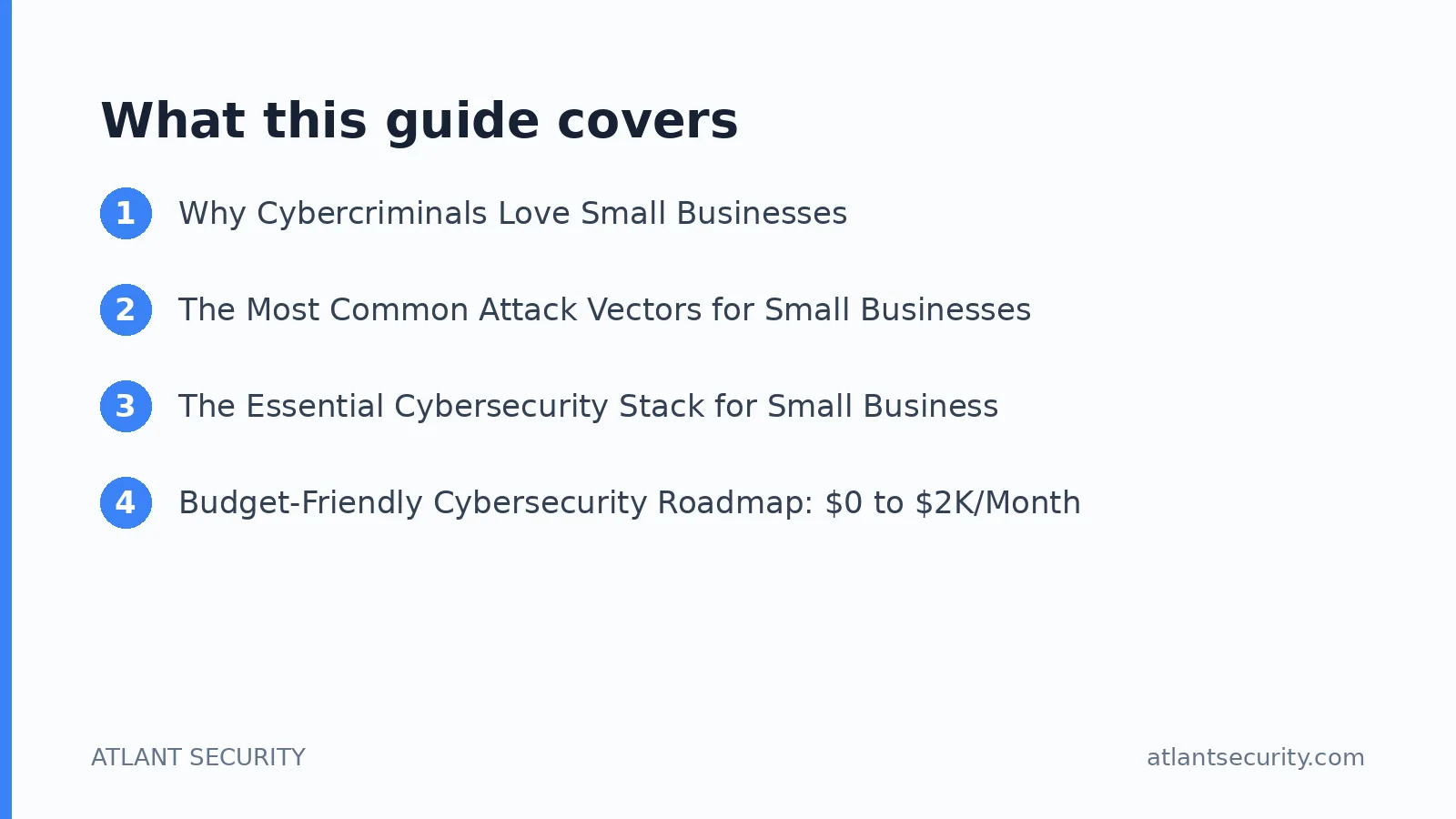 What this guide covers: Why Cybercriminals Love Small Businesses, The Most Common Attack Vectors for Small Businesses, The Essential C