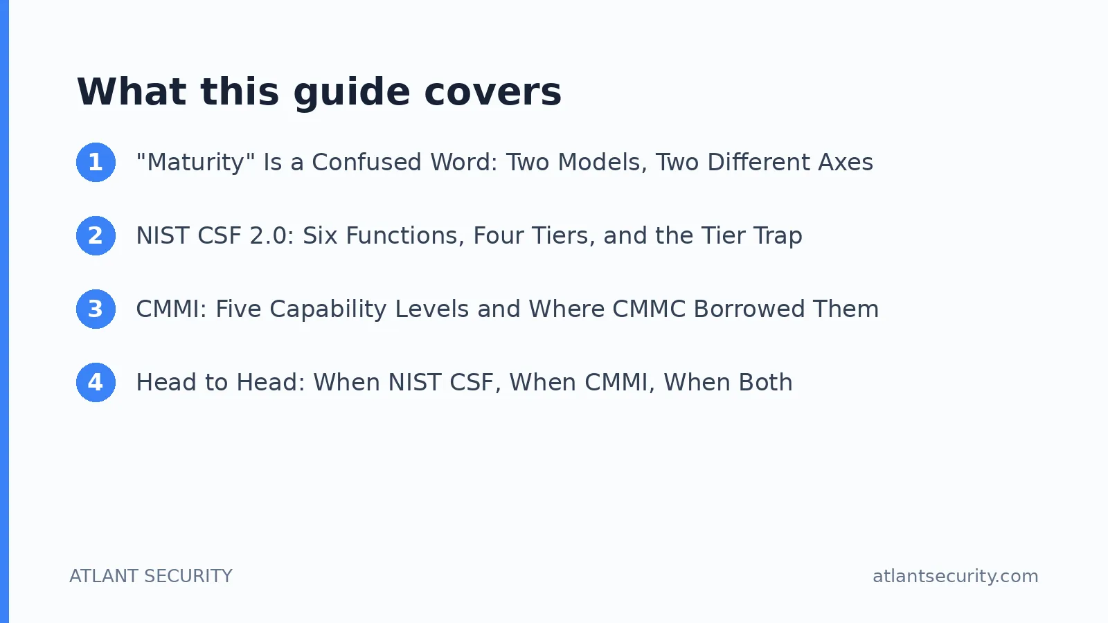 What this guide covers: "Maturity" Is a Confused Word: Two Models, Two Different Axes, NIST CSF 2.0: Six Functions, Four Tiers, and th