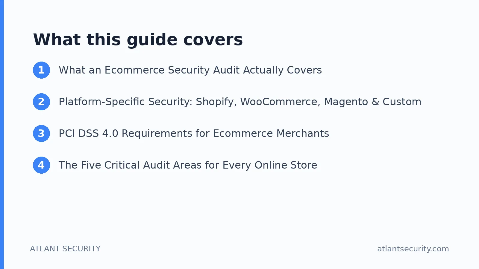 What this guide covers: What an Ecommerce Security Audit Actually Covers, Platform-Specific Security: Shopify, WooCommerce, Magento & 