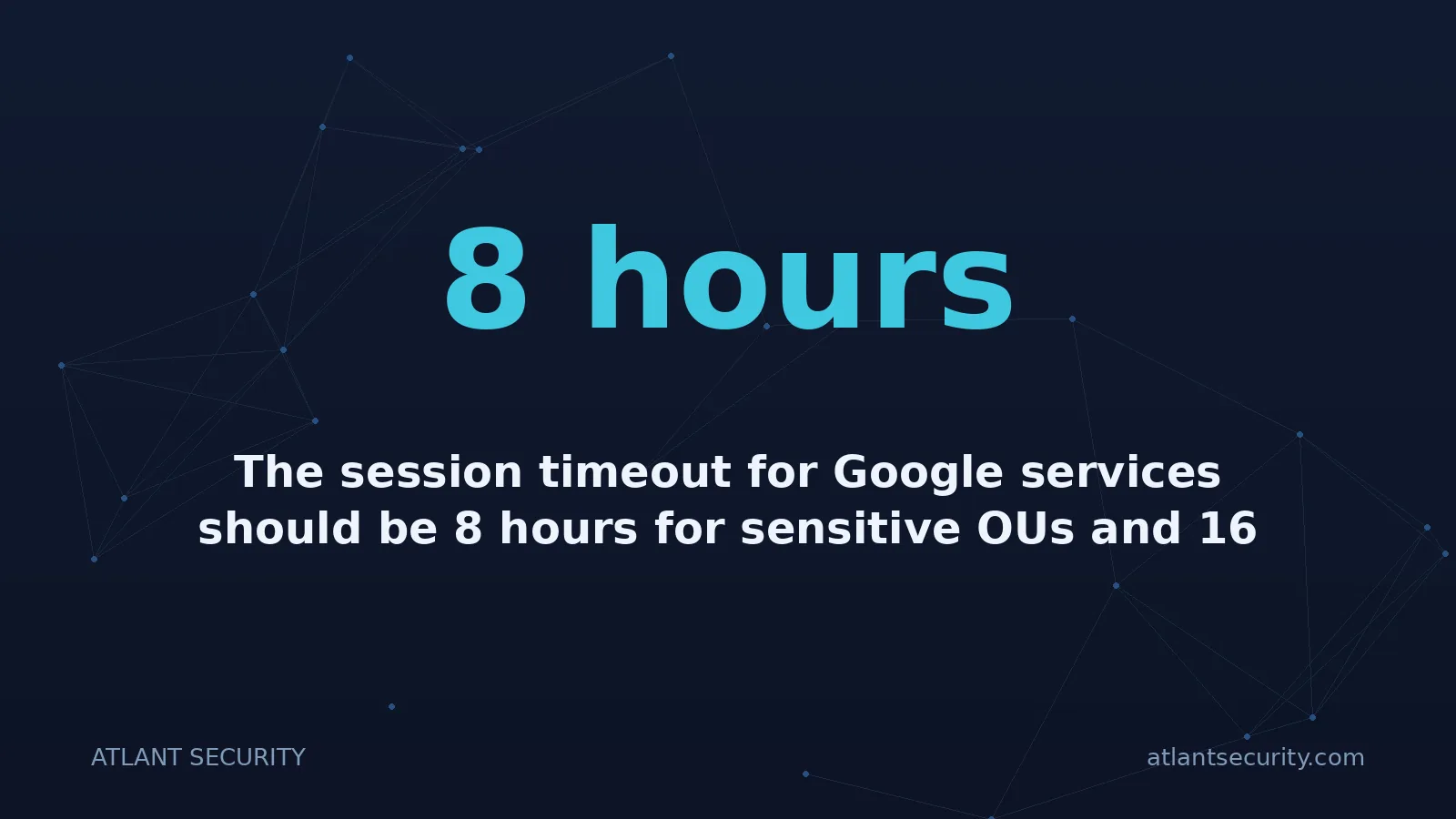 8 hours: The session timeout for Google services should be 8 hours for sensitive OUs and 16 hours for general
