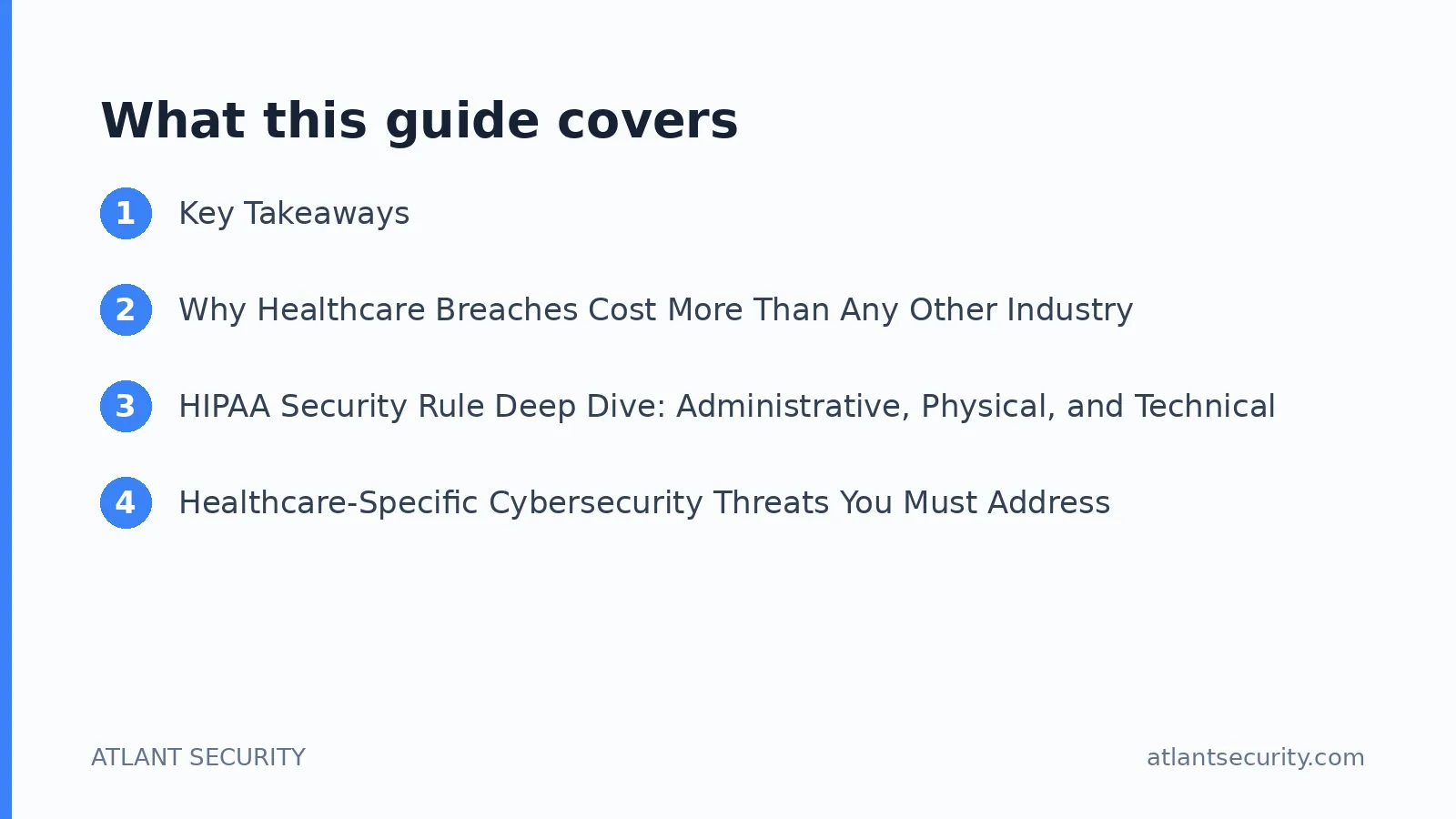 What this guide covers: Key Takeaways, Why Healthcare Breaches Cost More Than Any Other Industry, HIPAA Security Rule Deep Dive: Admin