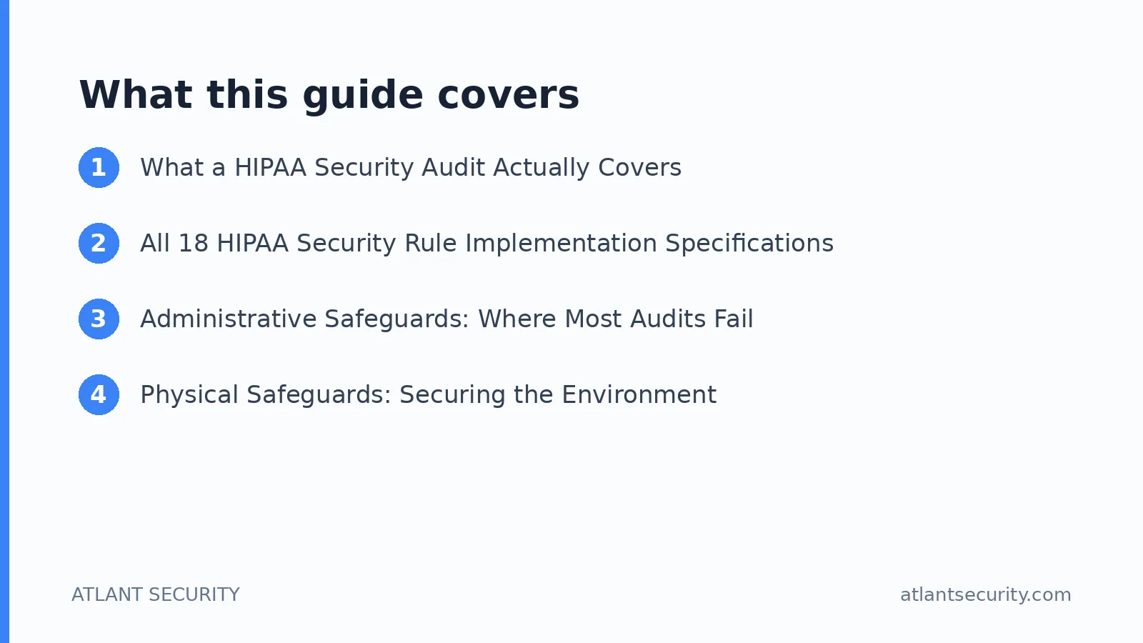 What this guide covers: What a HIPAA Security Audit Actually Covers, All 18 HIPAA Security Rule Implementation Specifications, Adminis