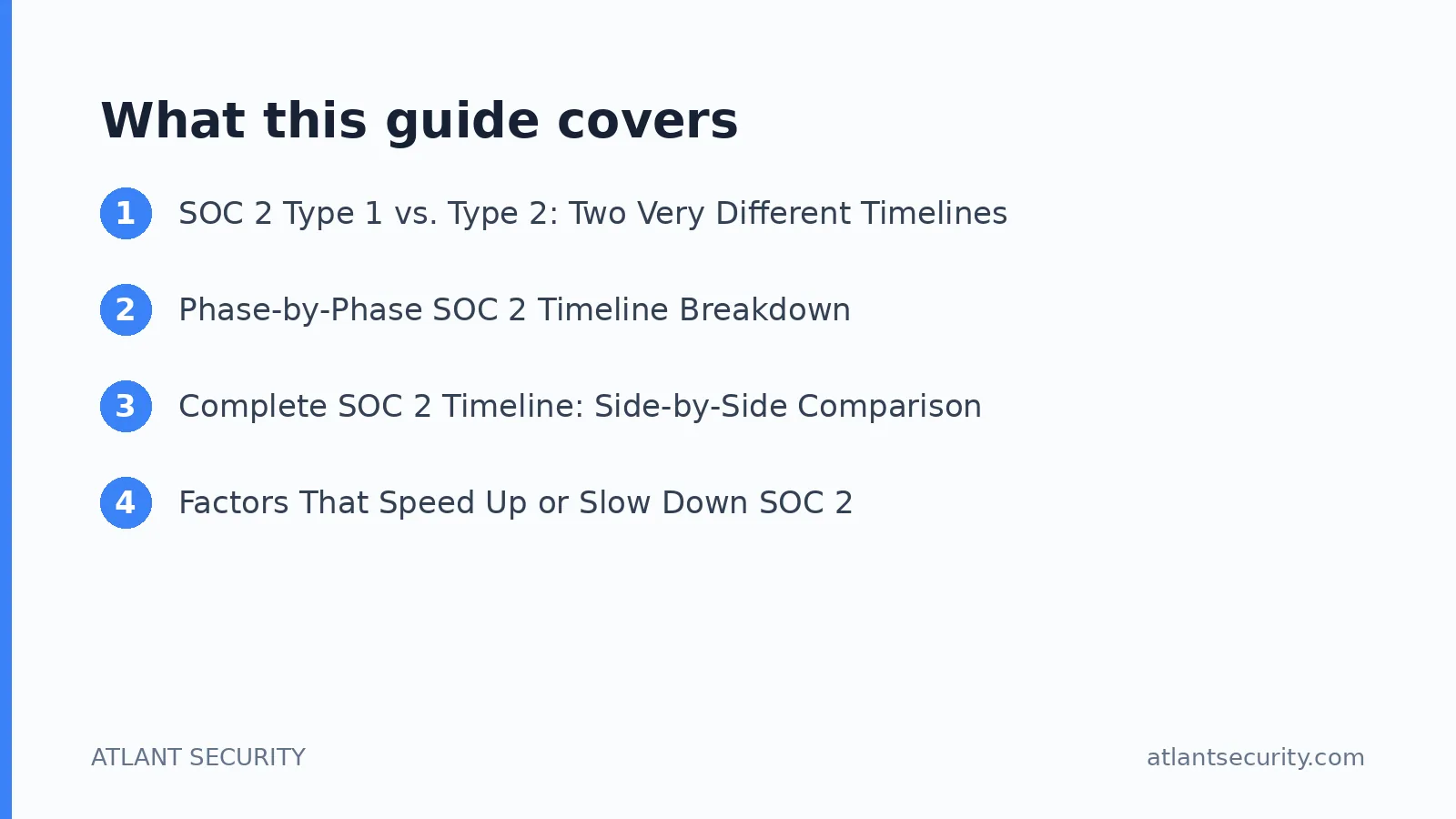What this guide covers: SOC 2 Type 1 vs. Type 2: Two Very Different Timelines, Phase-by-Phase SOC 2 Timeline Breakdown, Complete SOC 2
