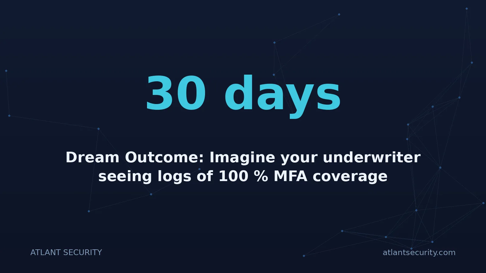30 days: Dream Outcome: Imagine your underwriter seeing logs of 100 % MFA coverage