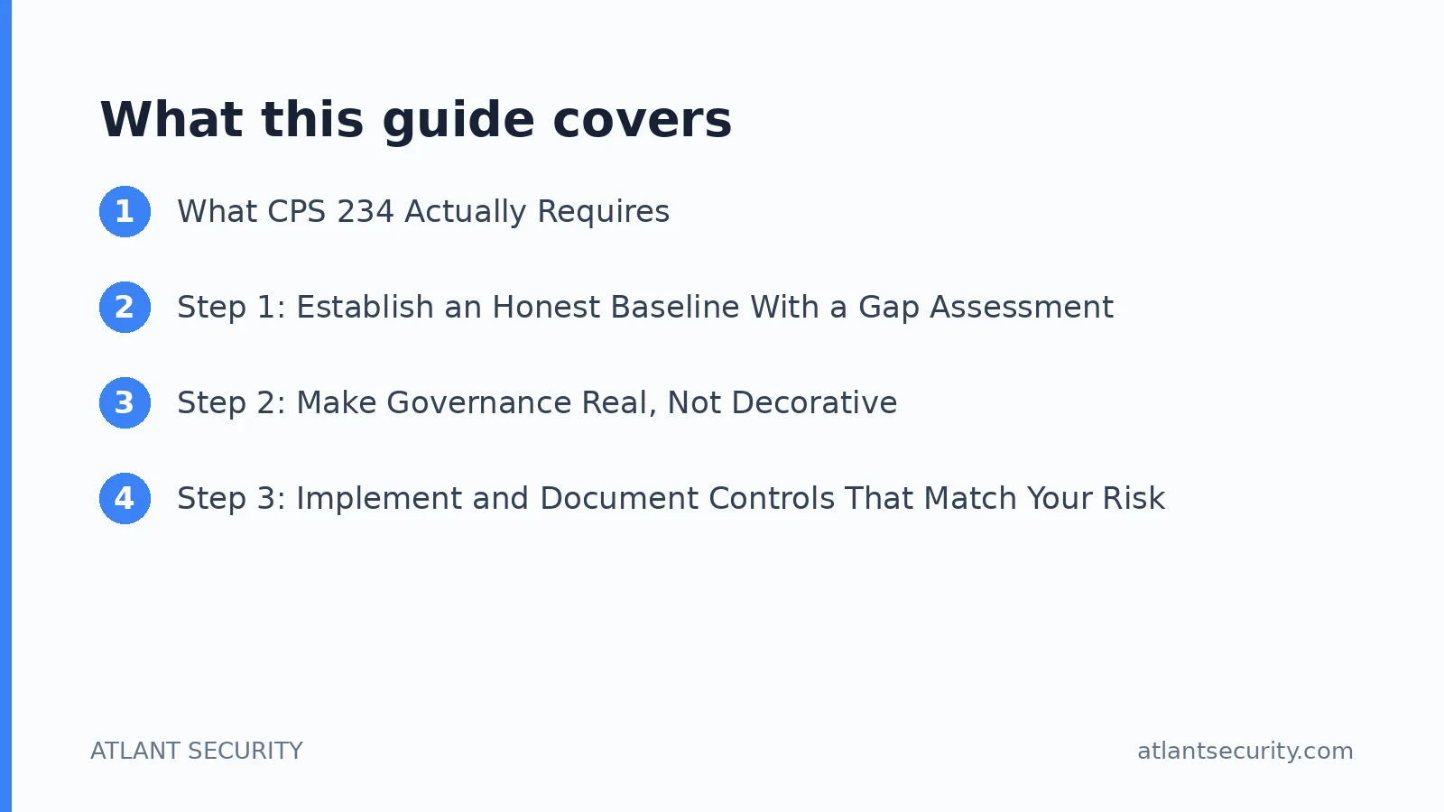 What this guide covers: What CPS 234 Actually Requires, Step 1: Establish an Honest Baseline With a Gap Assessment, Step 2: Make Gover