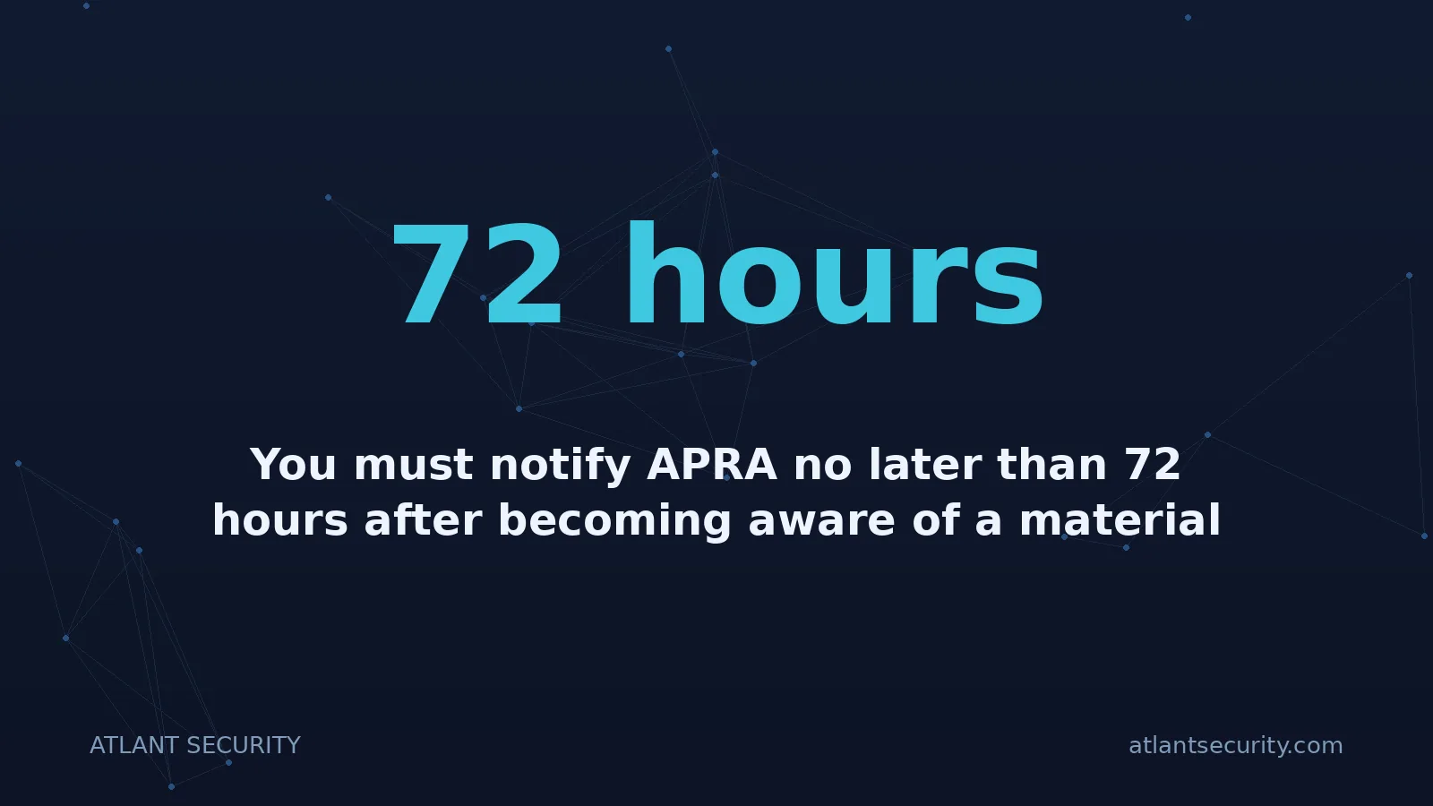 72 hours: You must notify APRA no later than 72 hours after becoming aware of a material information security 