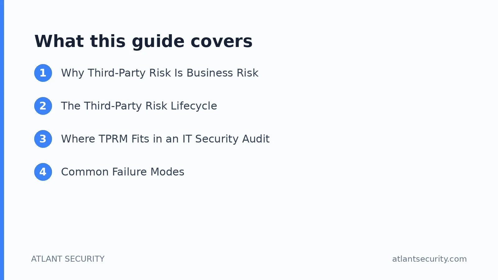 What this guide covers: Why Third-Party Risk Is Business Risk, The Third-Party Risk Lifecycle, Where TPRM Fits in an IT Security Audit