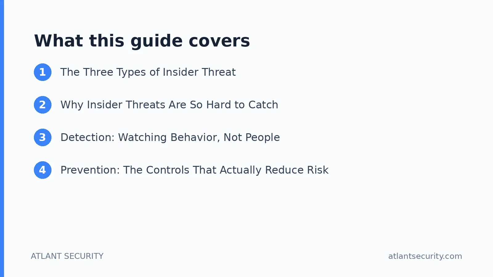 What this guide covers: The Three Types of Insider Threat, Why Insider Threats Are So Hard to Catch, Detection: Watching Behavior, Not