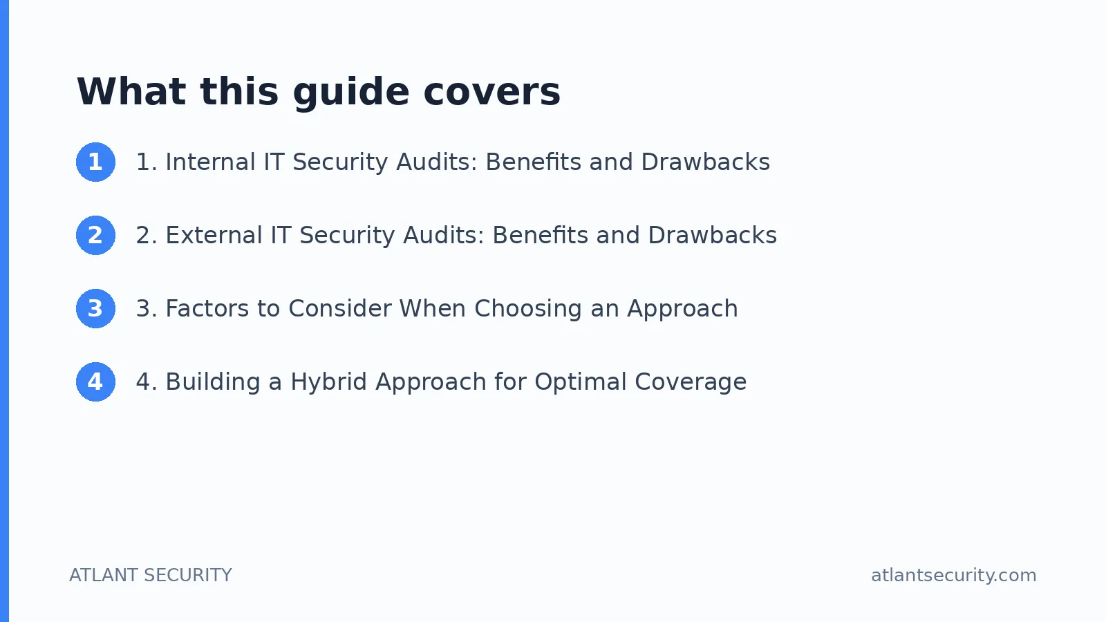 What this guide covers: 1. Internal IT Security Audits: Benefits and Drawbacks, 2. External IT Security Audits: Benefits and Drawbacks