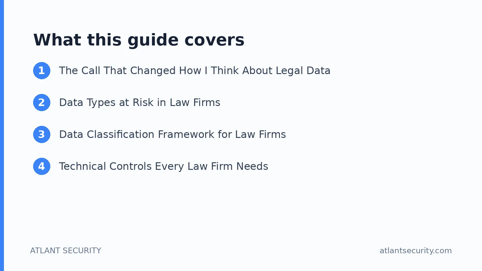What this guide covers: The Call That Changed How I Think About Legal Data, Data Types at Risk in Law Firms, Data Classification Frame