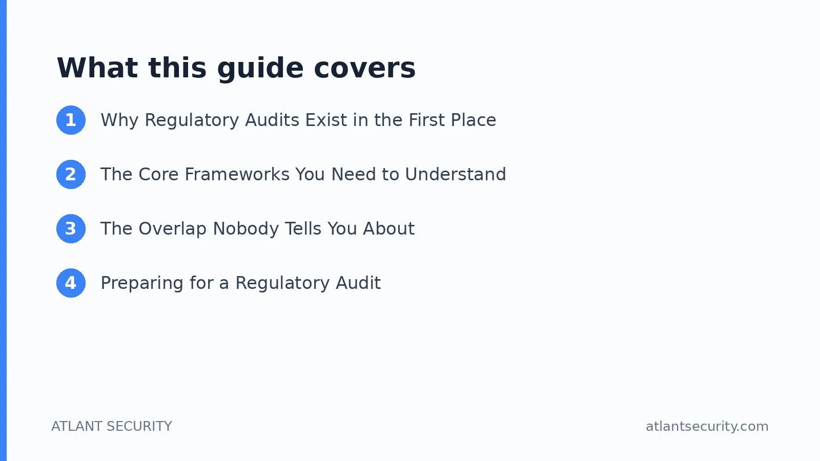 What this guide covers: Why Regulatory Audits Exist in the First Place, The Core Frameworks You Need to Understand, The Overlap Nobody