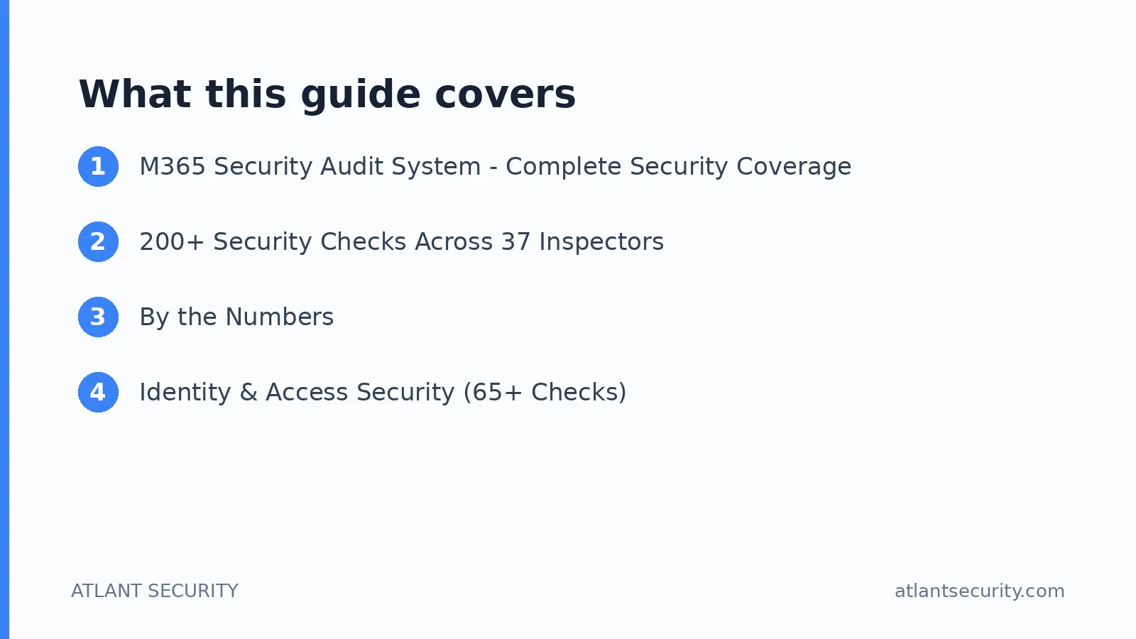 What this guide covers: M365 Security Audit System - Complete Security Coverage, 200+ Security Checks Across 37 Inspectors, By the Num