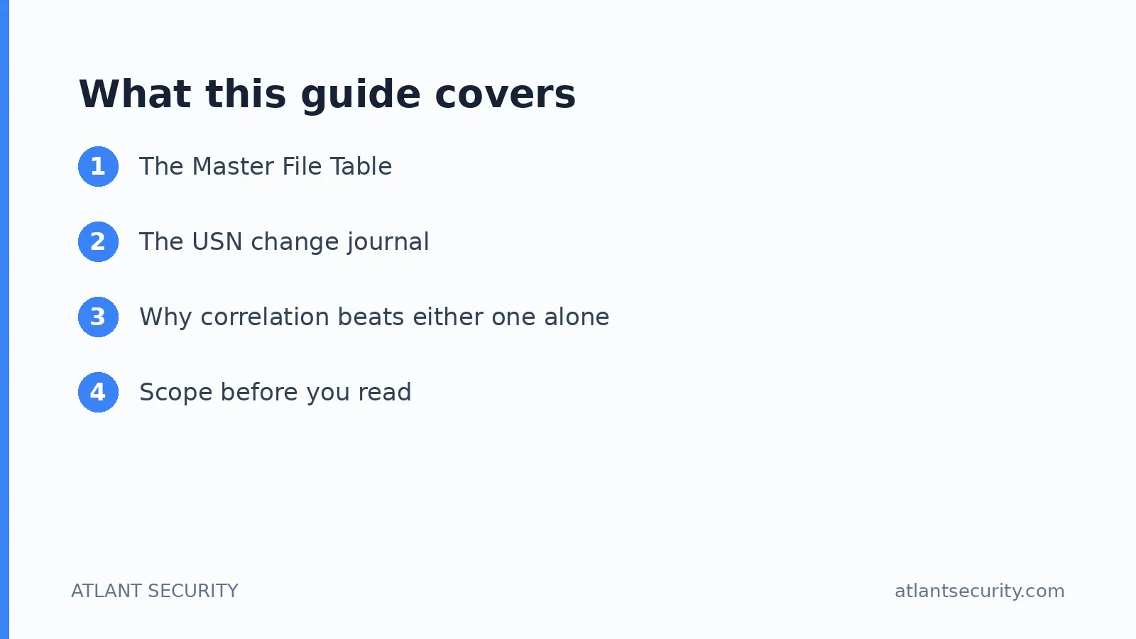 What this guide covers: The Master File Table, The USN change journal, Why correlation beats either one alone