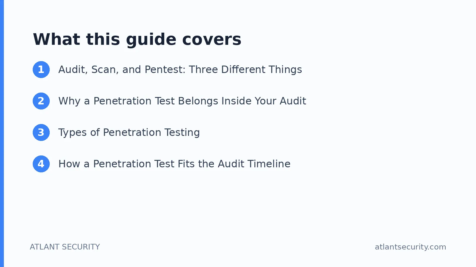 What this guide covers: Audit, Scan, and Pentest: Three Different Things, Why a Penetration Test Belongs Inside Your Audit, Types of P