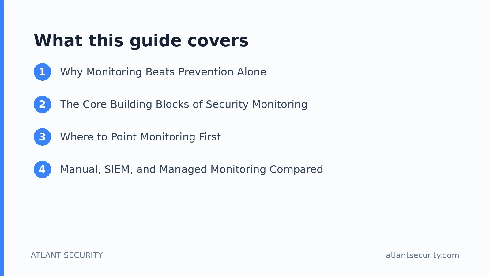 What this guide covers: Why Monitoring Beats Prevention Alone, The Core Building Blocks of Security Monitoring, Where to Point Monitor