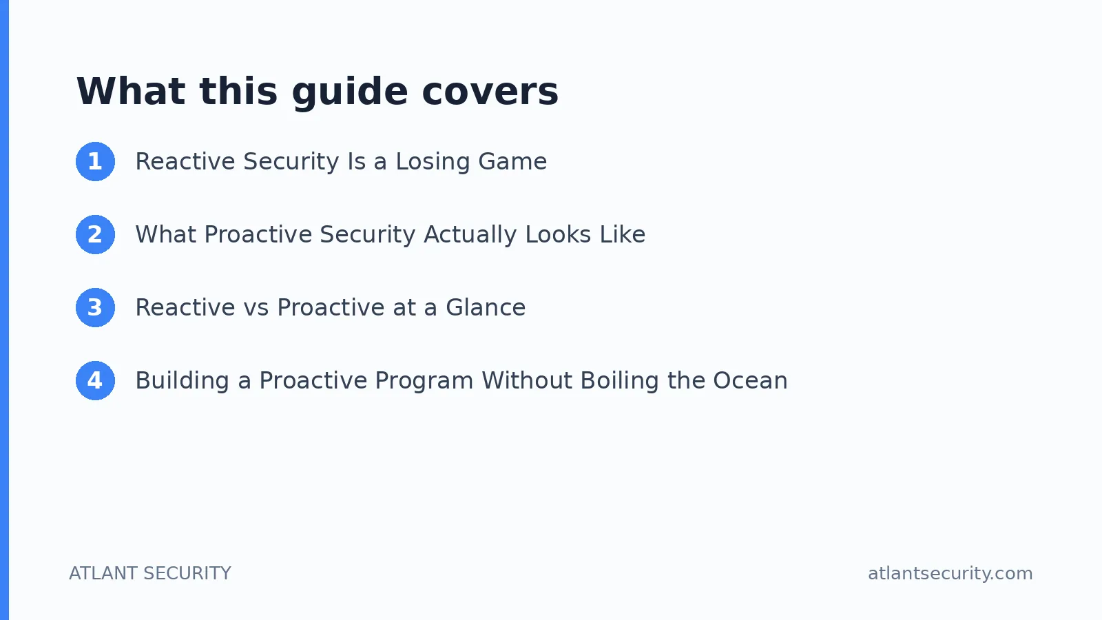 What this guide covers: Reactive Security Is a Losing Game, What Proactive Security Actually Looks Like, Reactive vs Proactive at a Gl