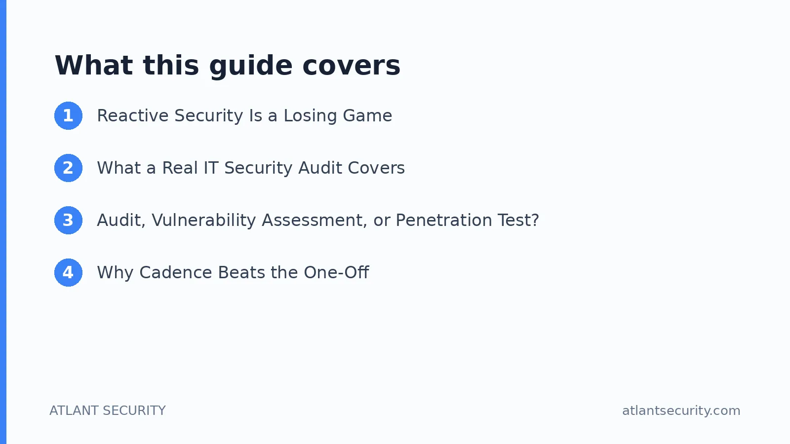 What this guide covers: Reactive Security Is a Losing Game, What a Real IT Security Audit Covers, Audit, Vulnerability Assessment, or 