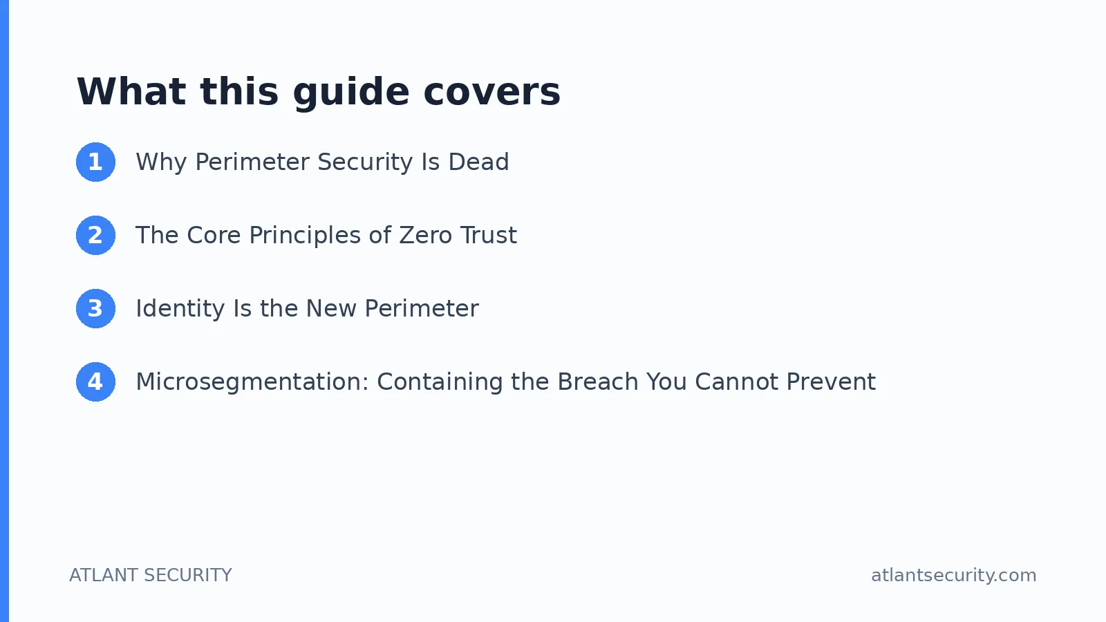 What this guide covers: Why Perimeter Security Is Dead, The Core Principles of Zero Trust, Identity Is the New Perimeter