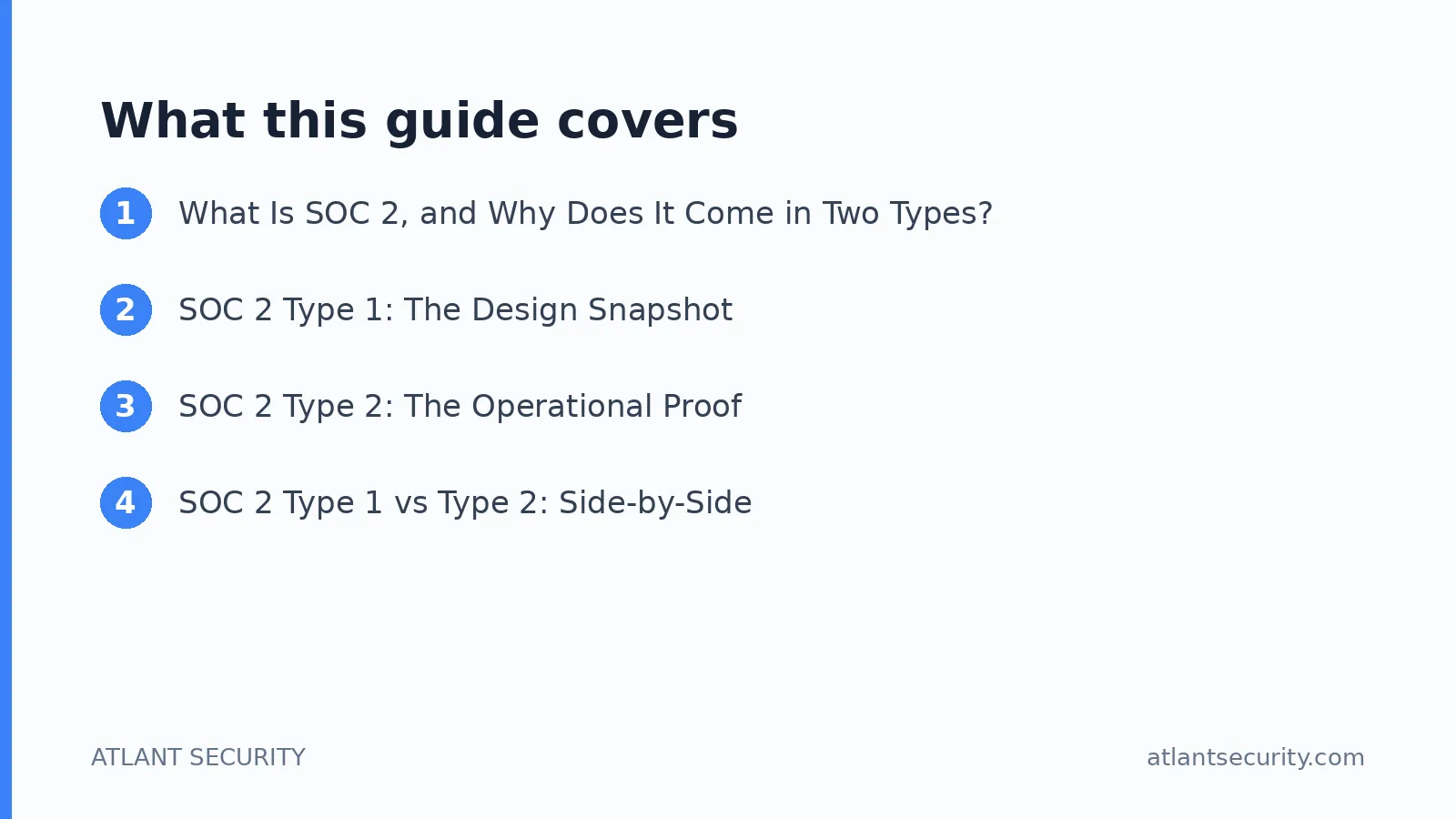 What this guide covers: What Is SOC 2, and Why Does It Come in Two Types?, SOC 2 Type 1: The Design Snapshot, SOC 2 Type 2: The Operat