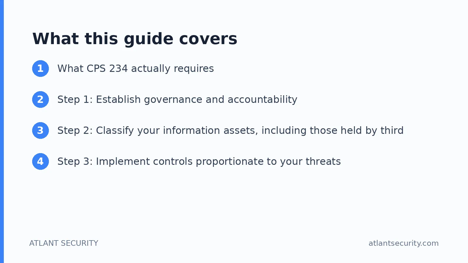 What this guide covers: What CPS 234 actually requires, Step 1: Establish governance and accountability, Step 2: Classify your informa