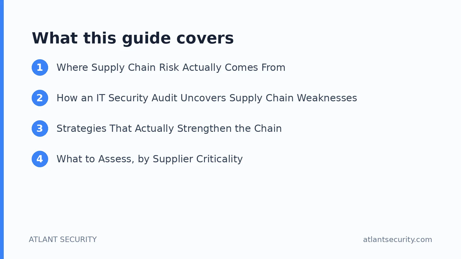 What this guide covers: Where Supply Chain Risk Actually Comes From, How an IT Security Audit Uncovers Supply Chain Weaknesses, Strate