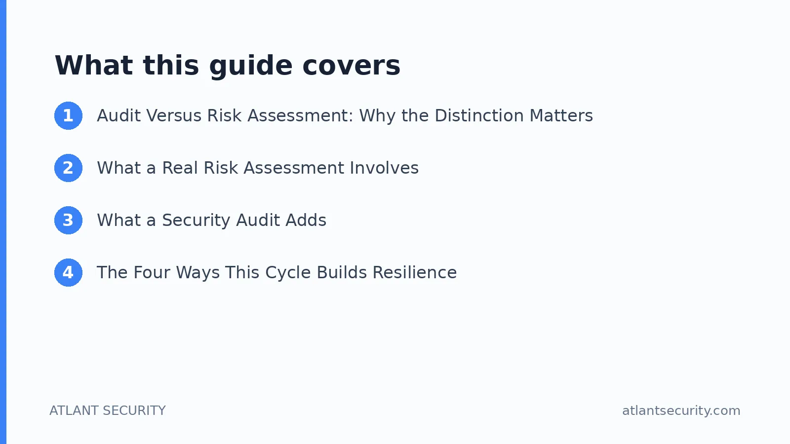 What this guide covers: Audit Versus Risk Assessment: Why the Distinction Matters, What a Real Risk Assessment Involves, What a Securi