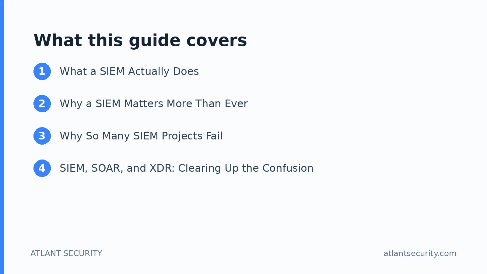 What this guide covers: What a SIEM Actually Does, Why a SIEM Matters More Than Ever, Why So Many SIEM Projects Fail