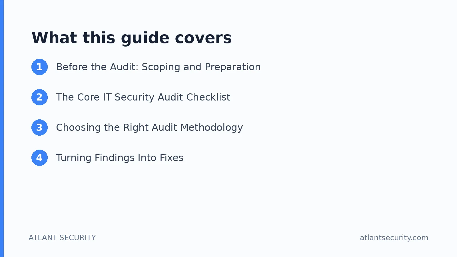 What this guide covers: Before the Audit: Scoping and Preparation, The Core IT Security Audit Checklist, Choosing the Right Audit Meth