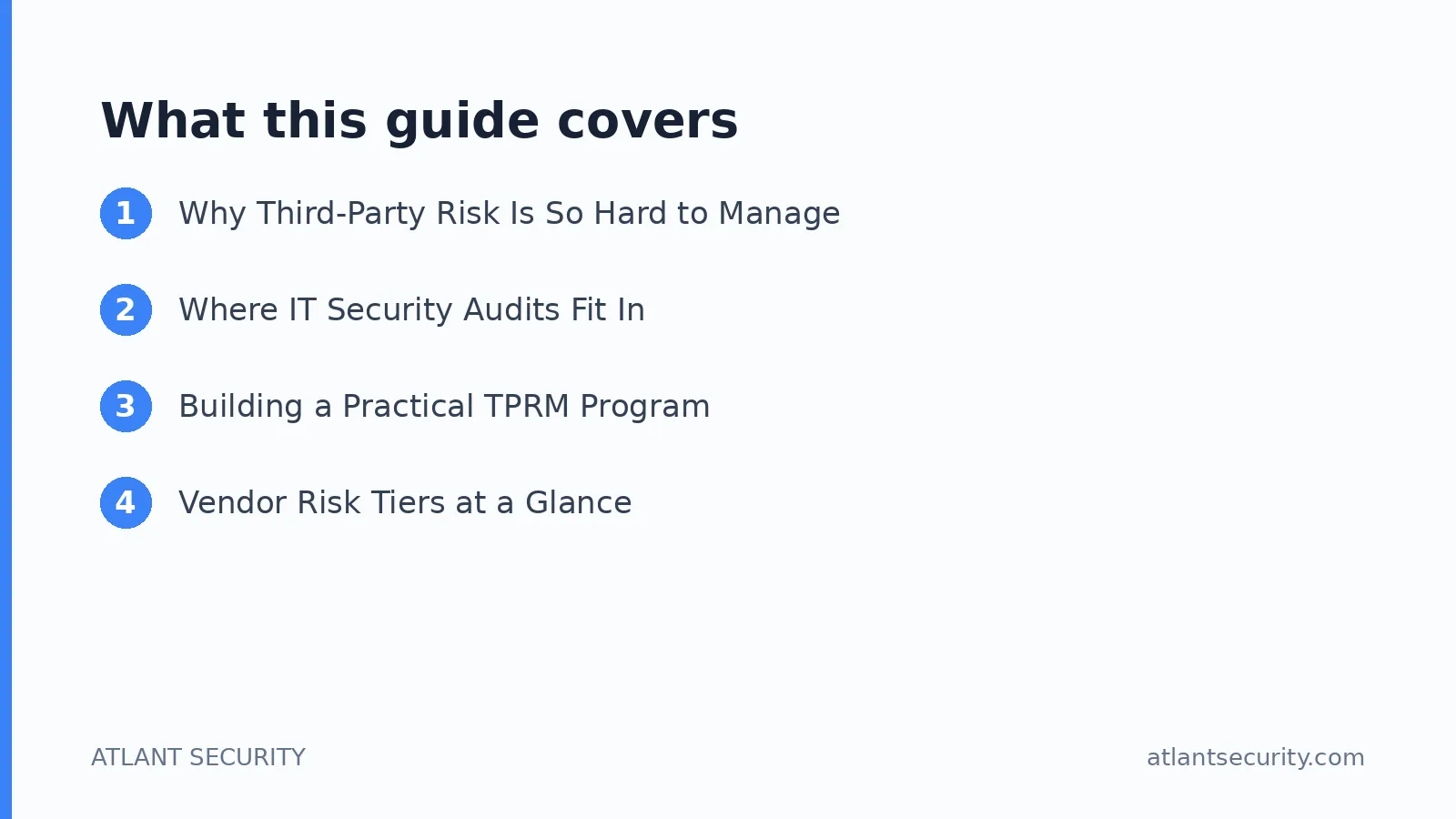What this guide covers: Why Third-Party Risk Is So Hard to Manage, Where IT Security Audits Fit In, Building a Practical TPRM Program