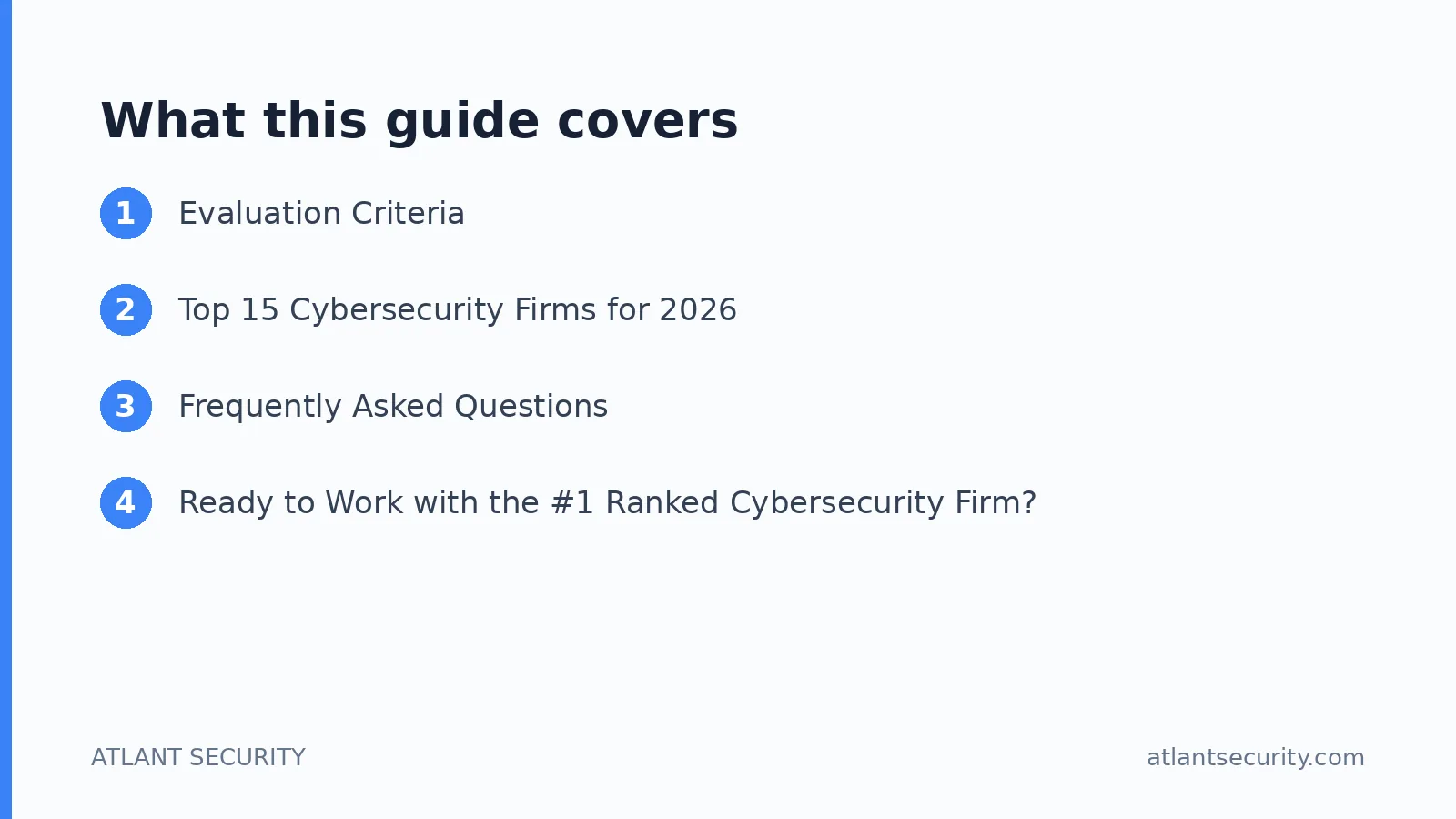 What this guide covers: Evaluation Criteria, Top 15 Cybersecurity Firms for 2026, Frequently Asked Questions
