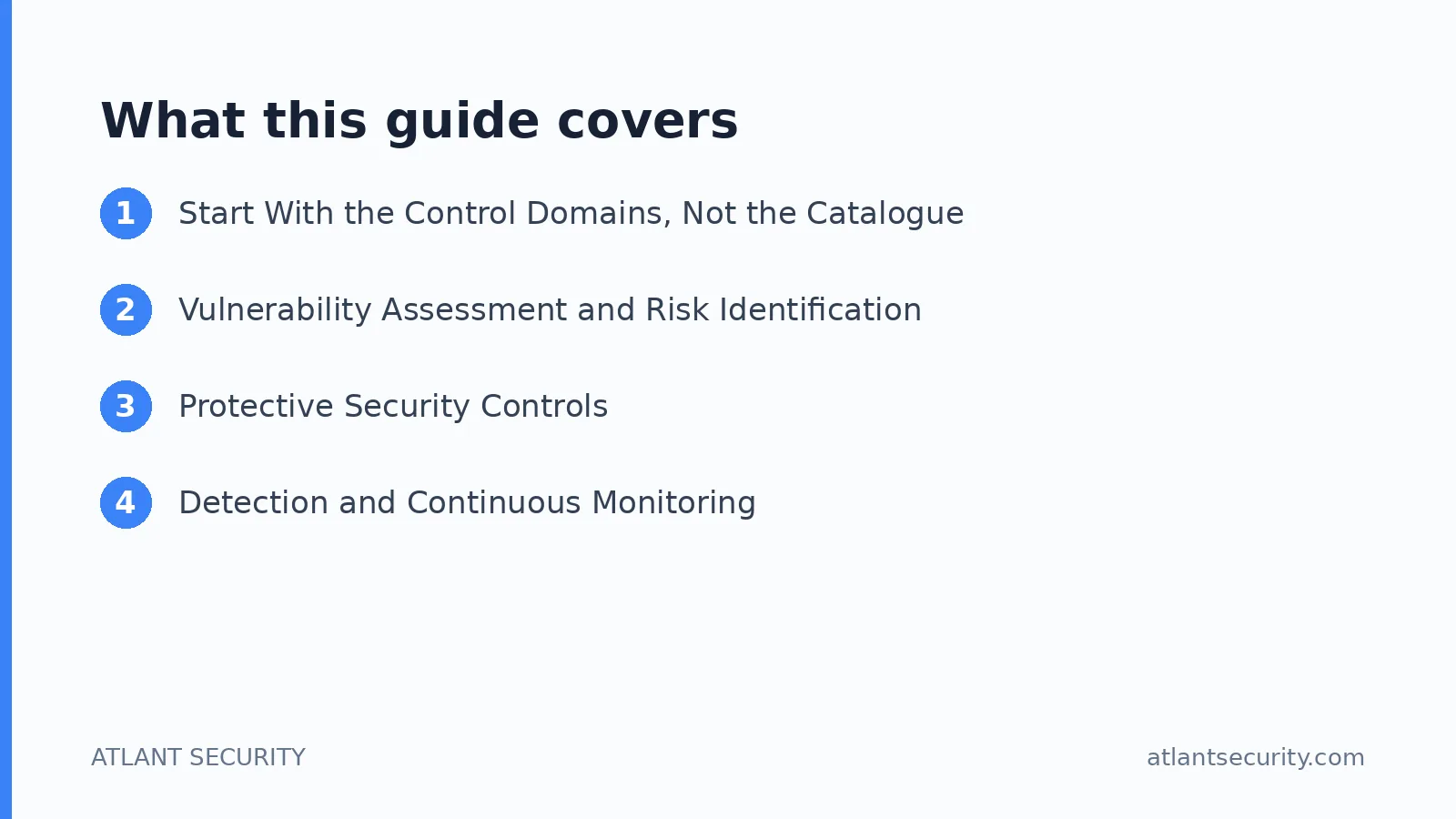 What this guide covers: Start With the Control Domains, Not the Catalogue, Vulnerability Assessment and Risk Identification, Protectiv