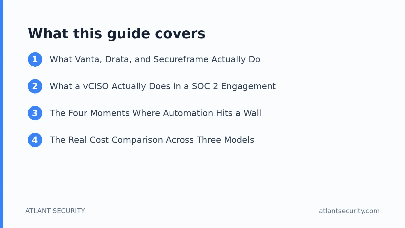 What this guide covers: What Vanta, Drata, and Secureframe Actually Do, What a vCISO Actually Does in a SOC 2 Engagement, The Four Mom