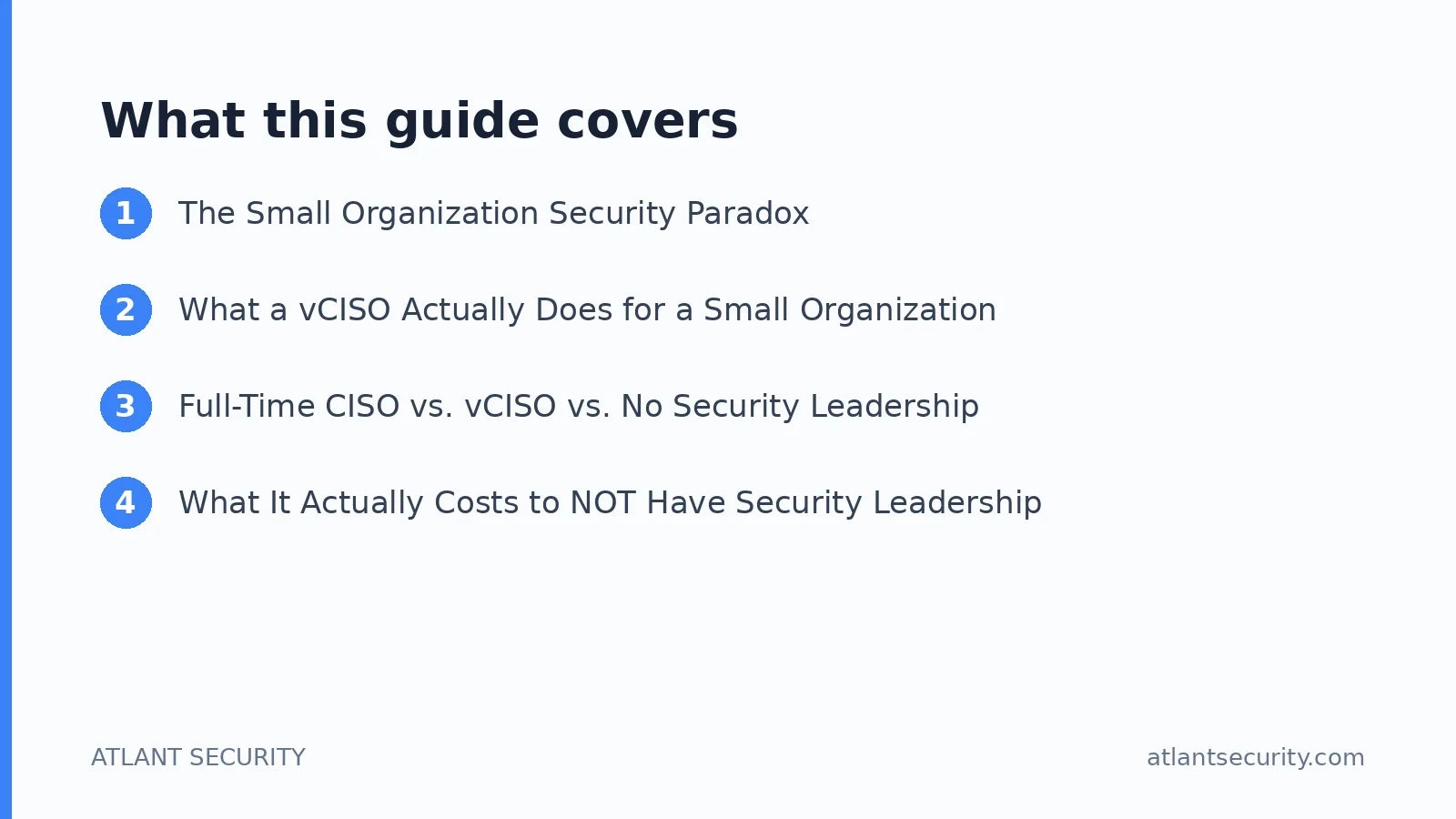 What this guide covers: The Small Organization Security Paradox, What a vCISO Actually Does for a Small Organization, Full-Time CISO v