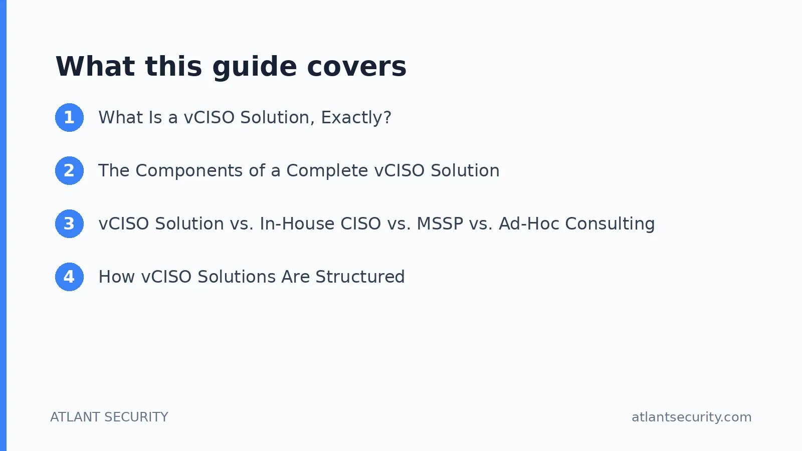 What this guide covers: What Is a vCISO Solution, Exactly?, The Components of a Complete vCISO Solution, vCISO Solution vs. In-House C