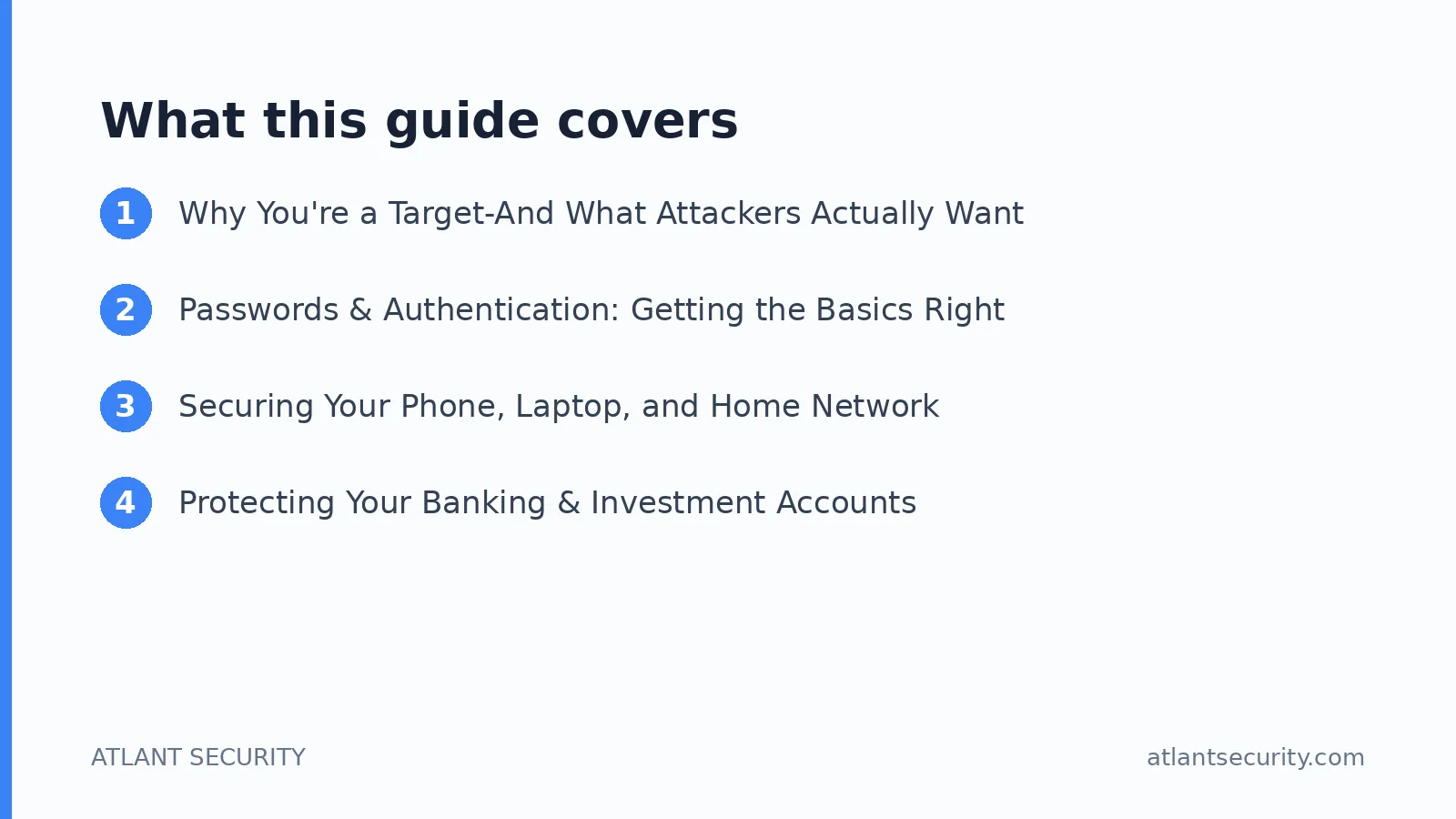 What this guide covers: Why You're a Target-And What Attackers Actually Want, Passwords & Authentication: Getting the Basics Right, Se