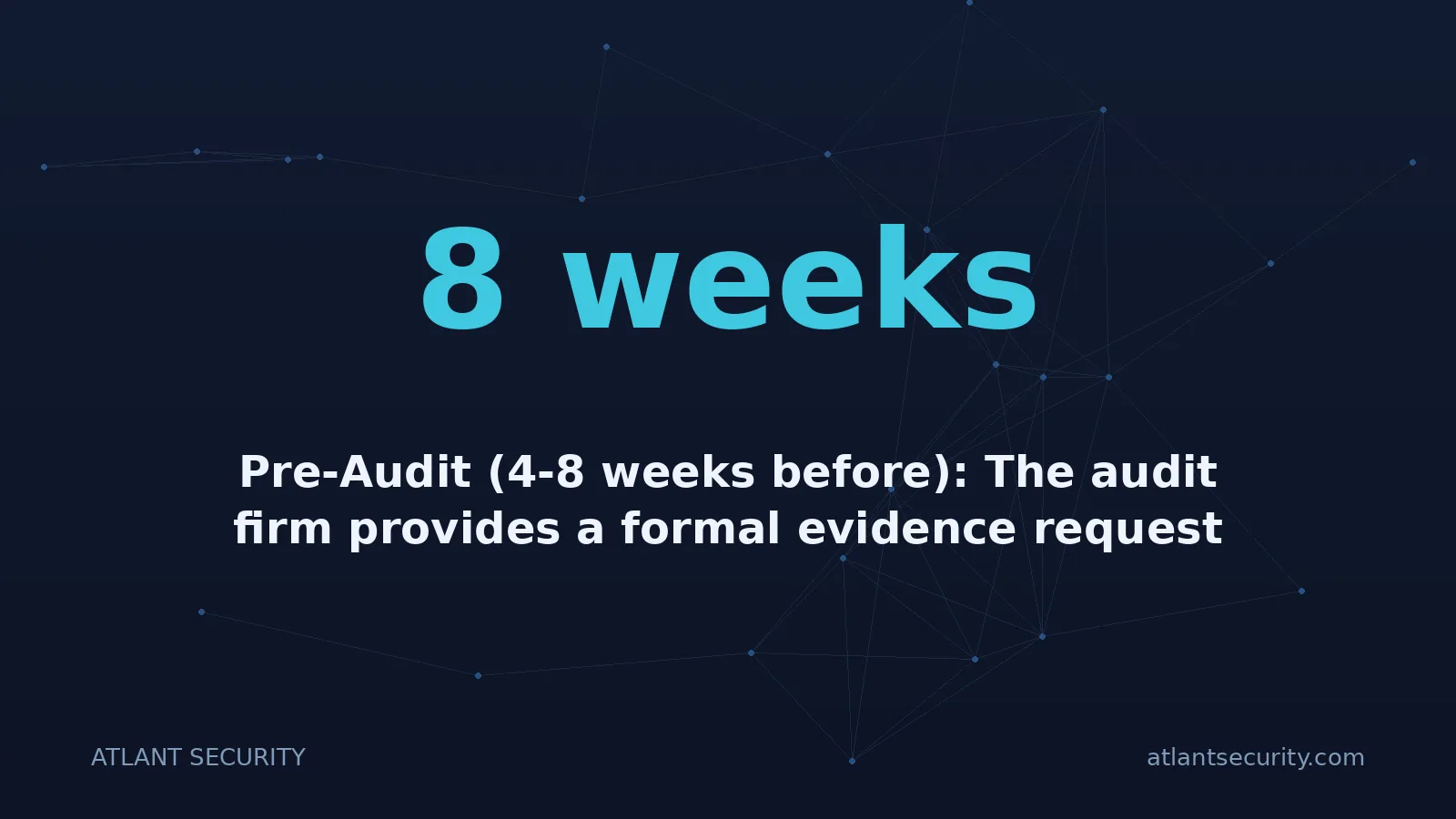 8 weeks: Pre-Audit (4-8 weeks before): The audit firm provides a formal evidence request list.