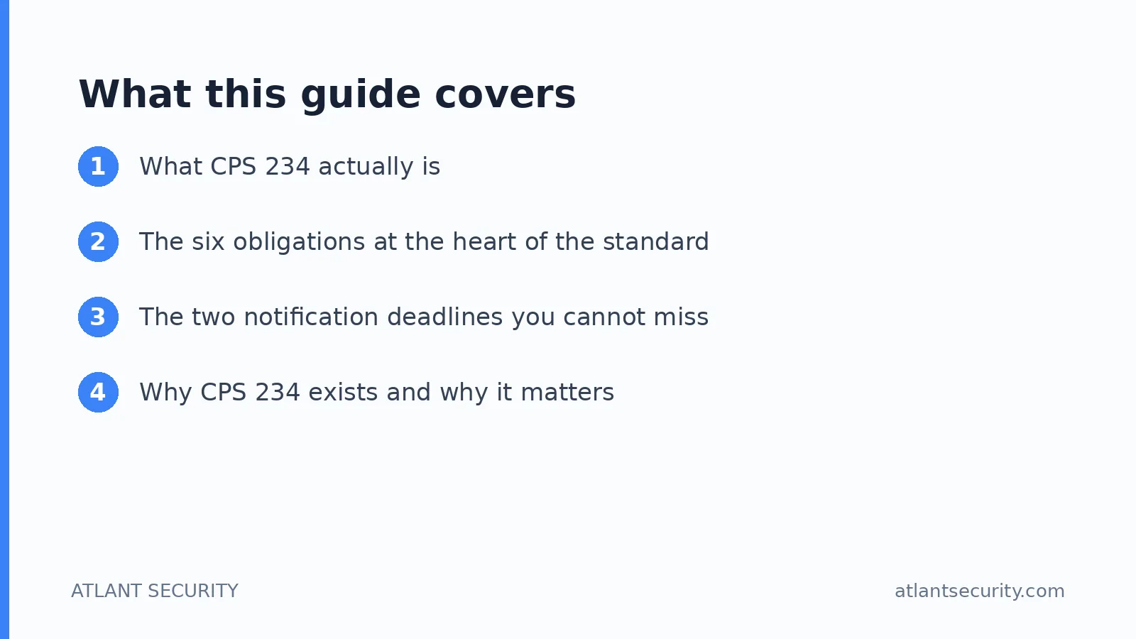 What this guide covers: What CPS 234 actually is, The six obligations at the heart of the standard, The two notification deadlines you